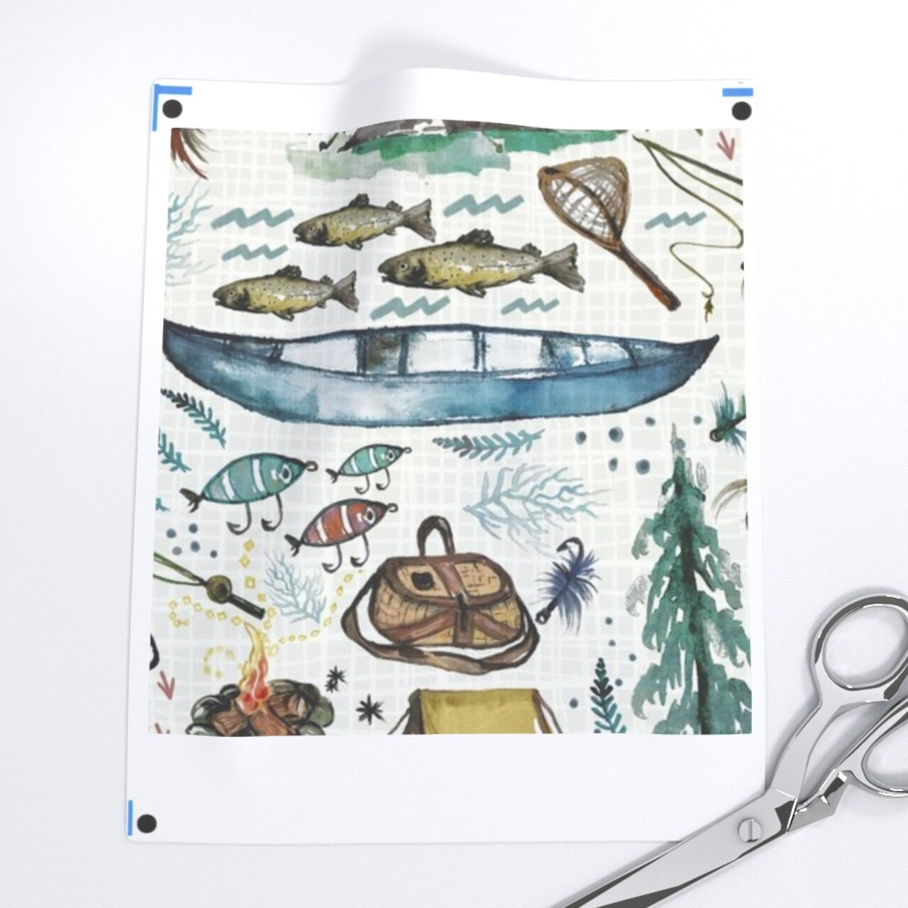 Country Nature Boys Fish Whimsical Lake Fishing Camping Cabin Hunting Tents Canoes House Fly Custom Printed Fabric by Spoonflower Various Fabrics by the Yard or Fat Quarter